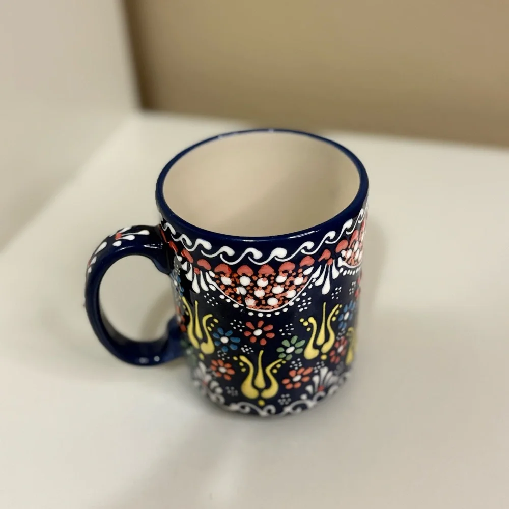 Hand-Painted Ceramic Mug in Navy Blue with Multicolor Floral Pattern